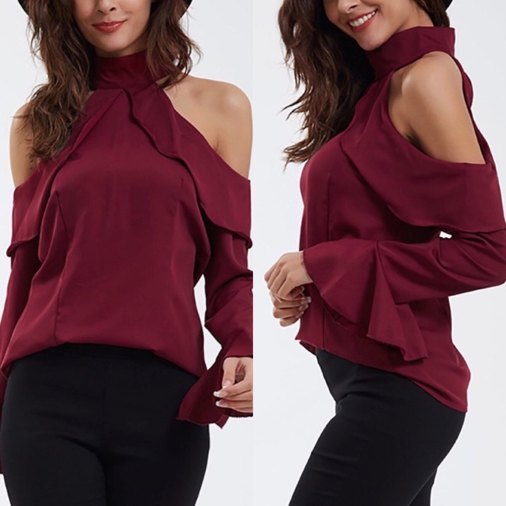 🎉HP🎉Burgundy Cold Shoulder Choker Top - Picture 3 of 7